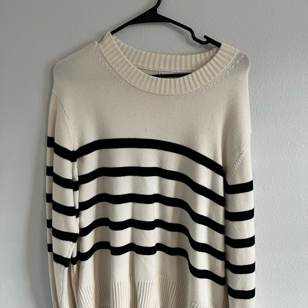 Striped Cream and Black Crew Neck Sweater